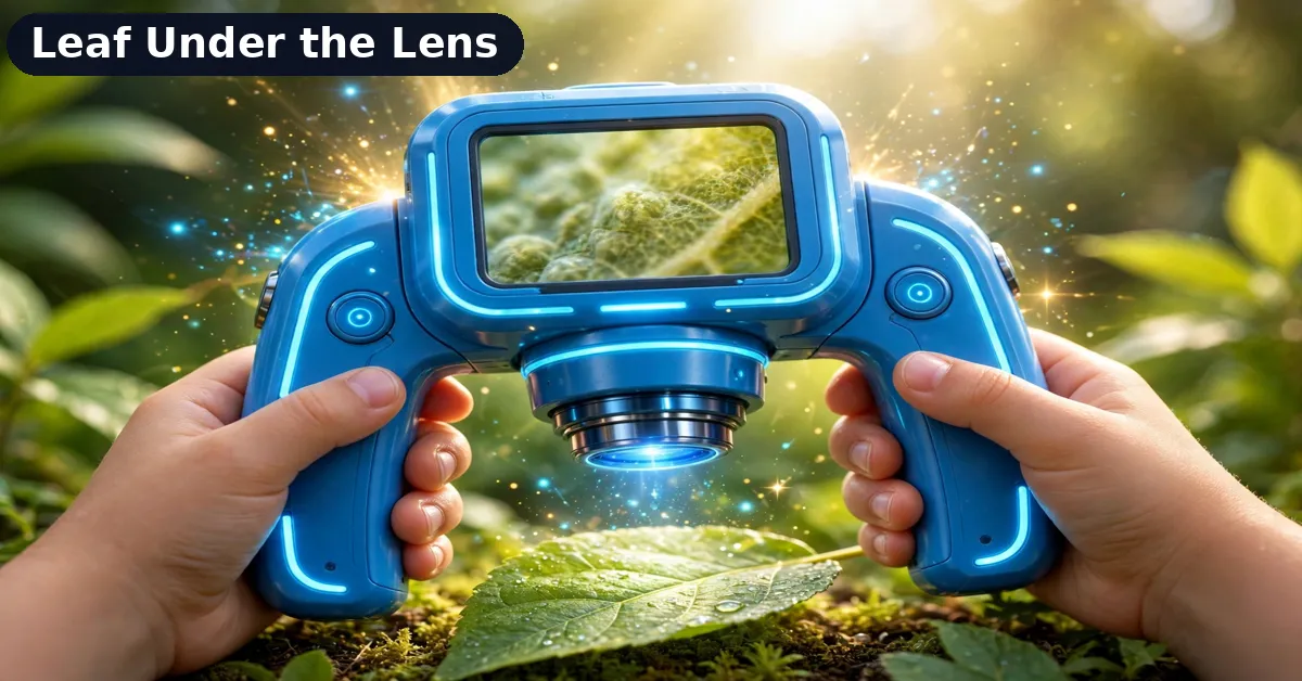 RIVGOT Microscope Over a Leaf Child hands holding the RIVGOT kids microscope over a leaf with the screen showing the magnified view