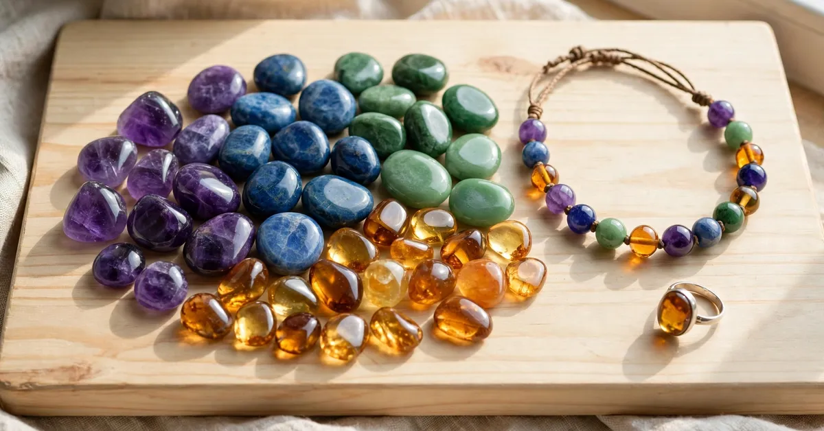 Polished gemstones and handmade gemstone jewelry after tumbling Polished colorful gemstones with a handmade gemstone necklace and ring on wood