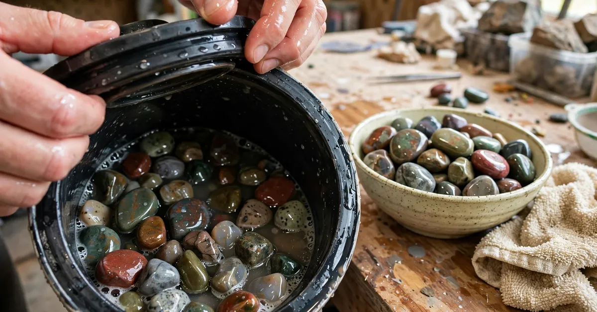 Opening the rock tumbler barrel with wet tumbling stones inside Hands opening a rock tumbler barrel showing wet tumbling stones during polishing