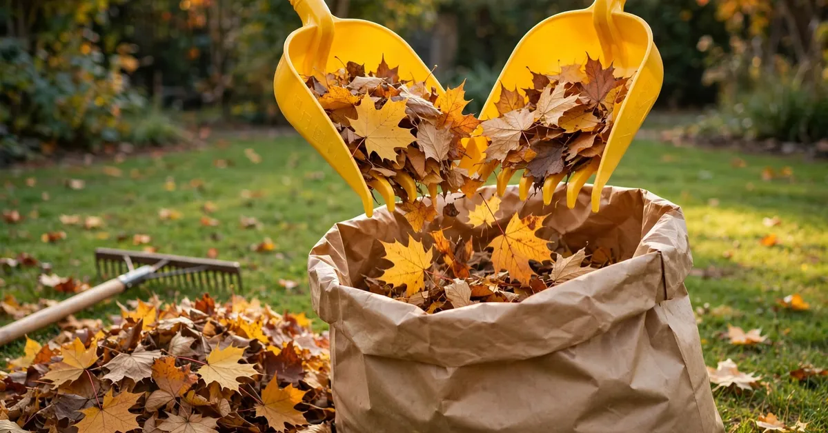 Rugg leaf scoops lifting a load of autumn leaves into a paper yard bag