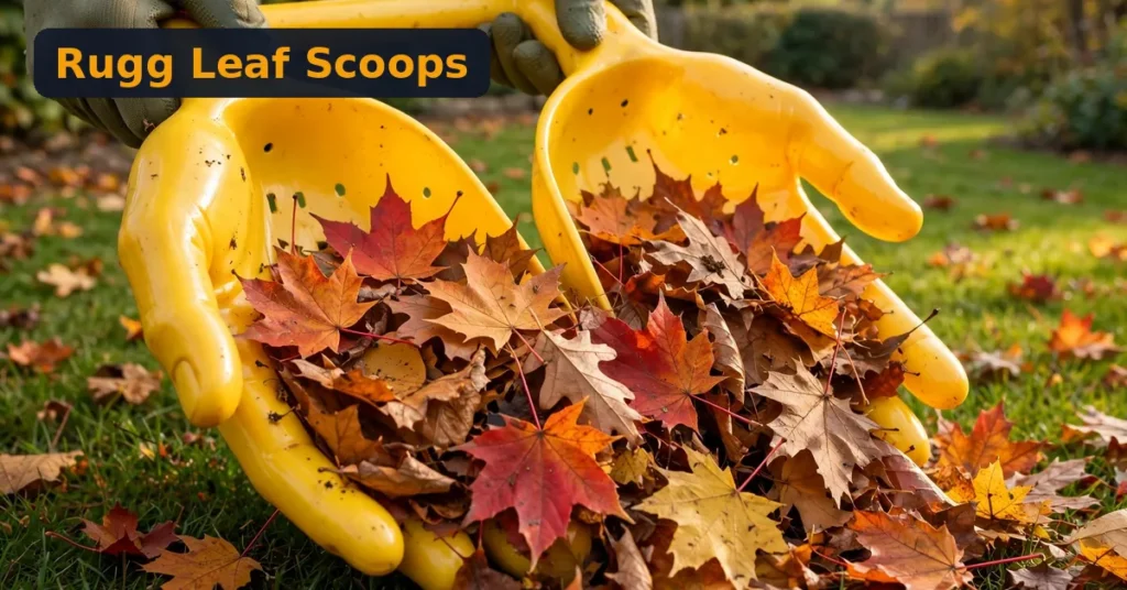 Rugg leaf scoops review - yellow hand scoops grabbing a pile of autumn leaves in a yard