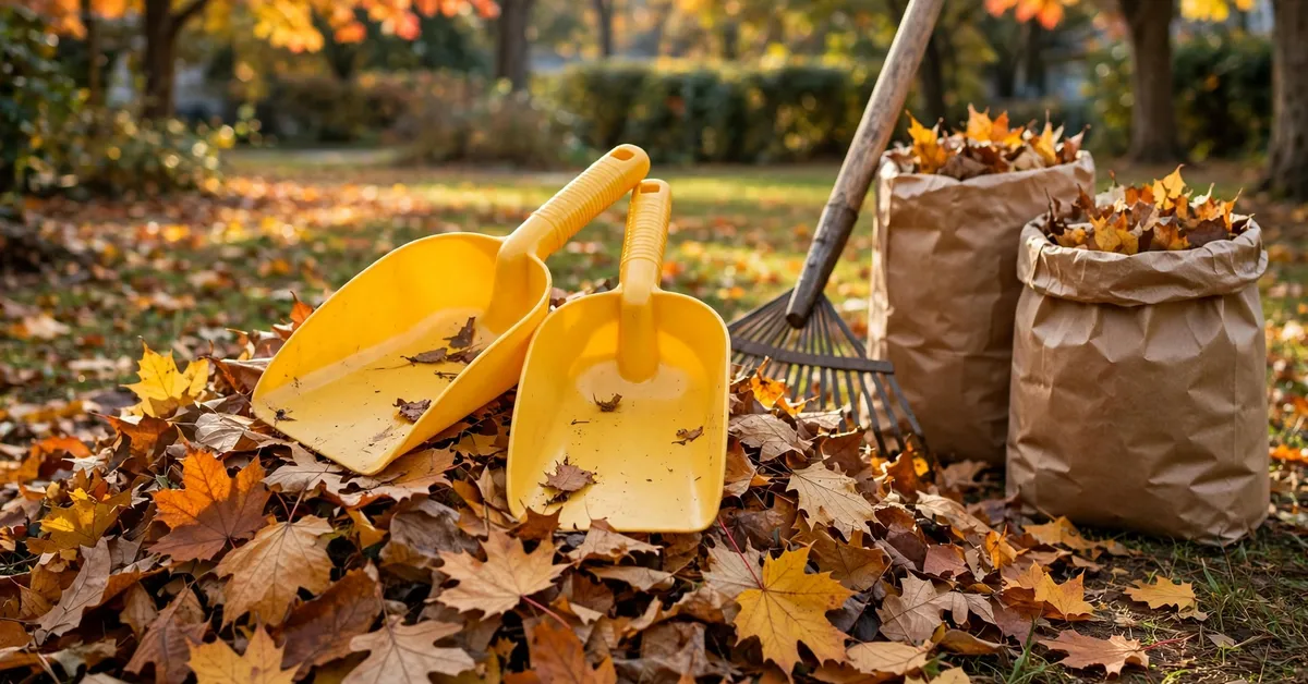 Rugg leaf scoops resting on a leaf pile beside a rake and paper yard bags in an autumn yard