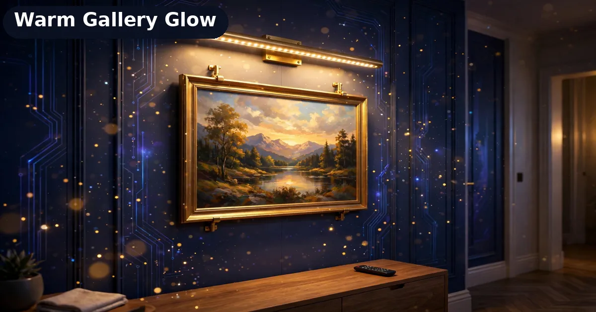 seediq Picture Light Above a Hallway Frame seediq rechargeable picture light in gold above a framed artwork on a hallway gallery wall