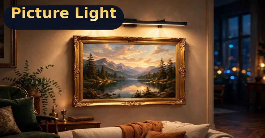 seediq rechargeable picture light in black mounted above a framed painting