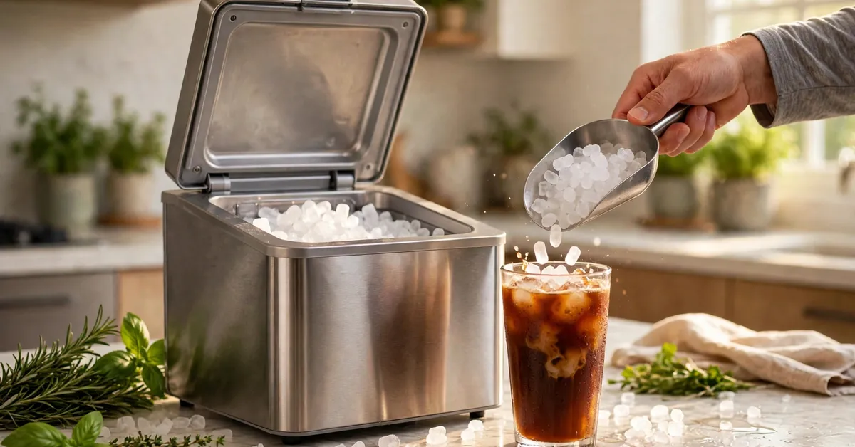 Silonn nugget ice maker in use — fresh chewable nugget ice in a glass Silonn nugget ice maker in use — fresh chewable nugget ice in a glass