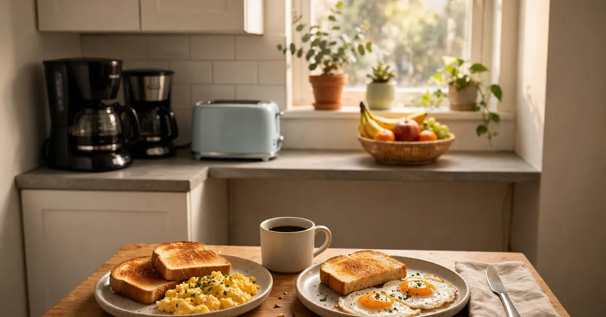Small kitchen with the BELLA slim toaster on a narrow counter Small apartment kitchen with the slim BELLA toaster tucked on a narrow countertop