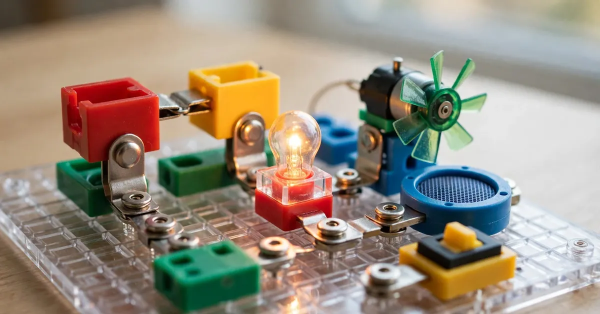 Snap Circuits Jr projects - child building a circuit from the color manual Snap Circuits Jr projects - child building a circuit from the color manual