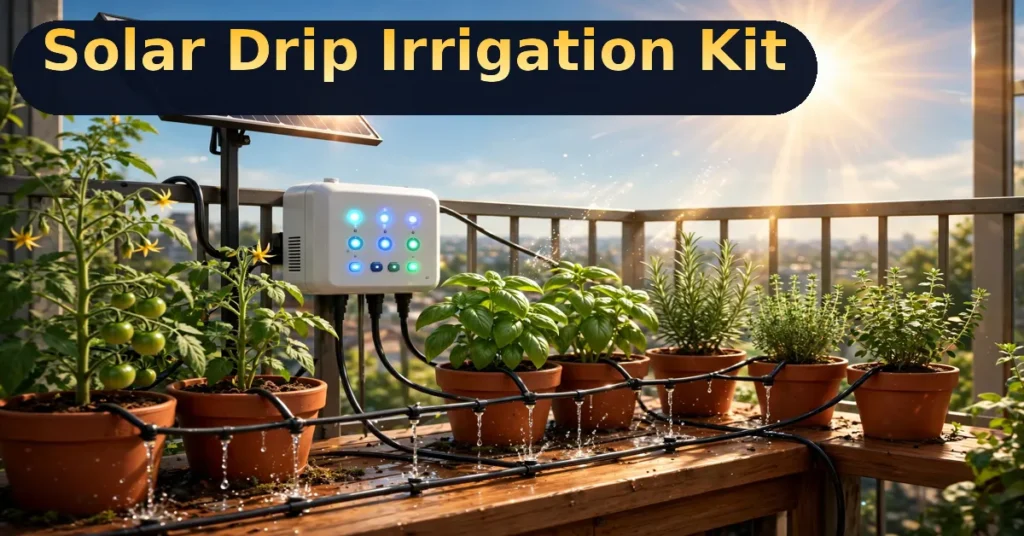 Solar drip irrigation kit watering potted plants on a sunny balcony — hero image
