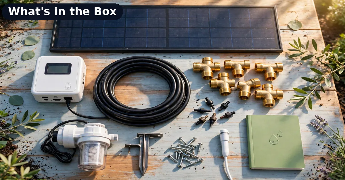 Complete solar drip irrigation kit box contents flat-lay What's in the box: complete solar drip irrigation kit contents flat-lay
