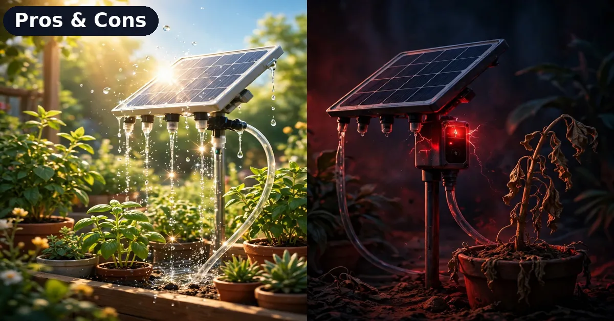 Solar drip irrigation kit pros and cons Solar drip irrigation kit pros and cons visual: thriving plants versus reliability concerns