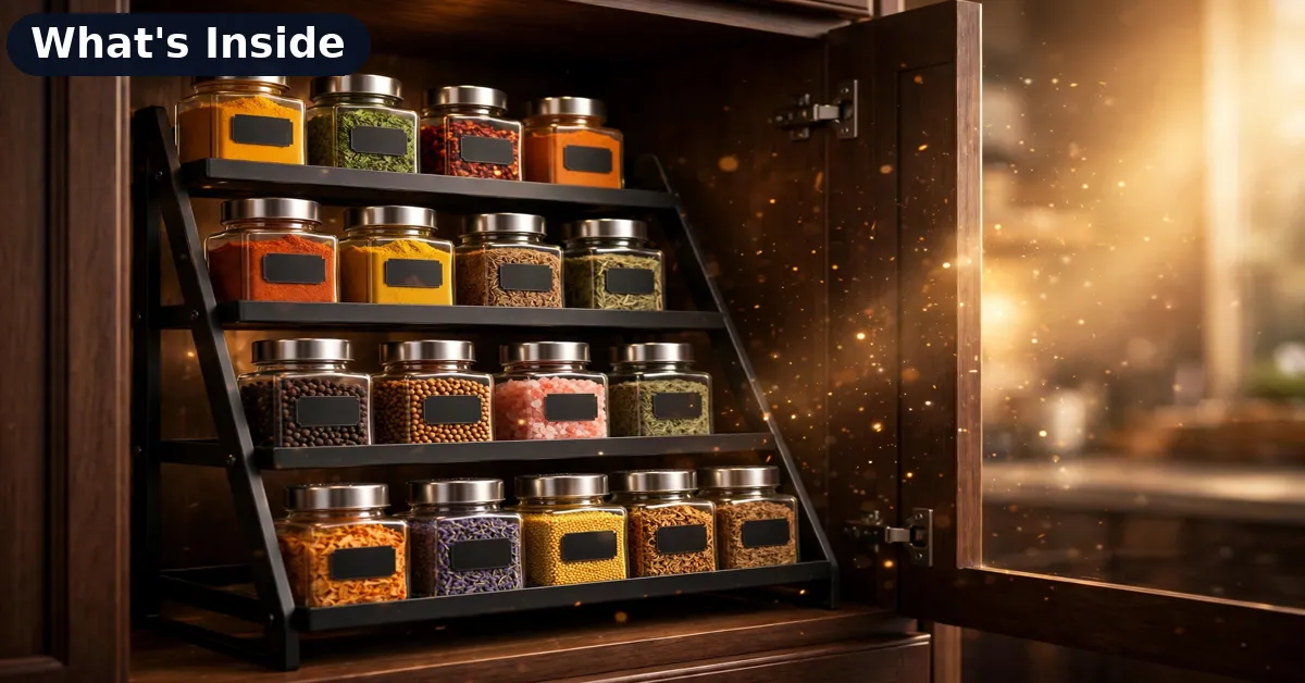 SucceBuy Spice Rack Inside a Cabinet SucceBuy spice rack organizer with jars inside a kitchen cabinet with labeled glass jars