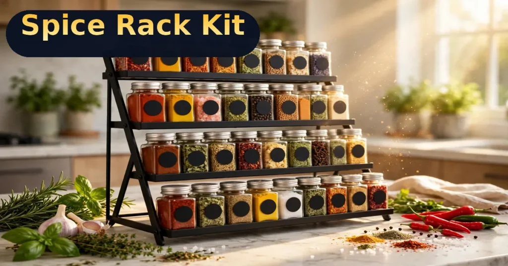 SucceBuy spice rack organizer with jars full 36-jar kit on a kitchen counter