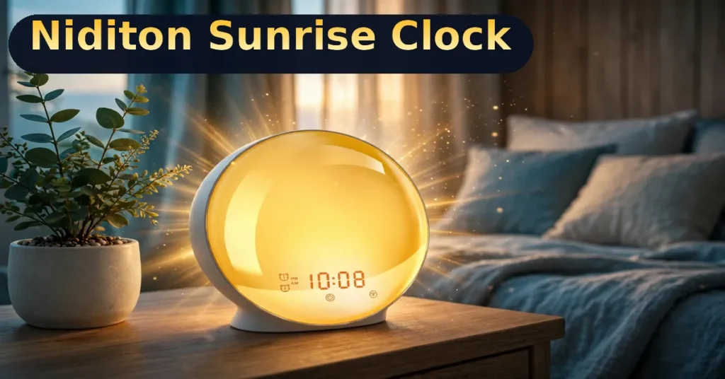 Niditon sunrise alarm clock glowing warm orange on a bedside table at dawn