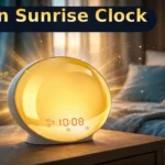 Niditon Sunrise Alarm Clock Review: A $34 Wake-Up Light With One Big Catch (2026) Niditon sunrise alarm clock glowing warm orange on a bedside table at dawn