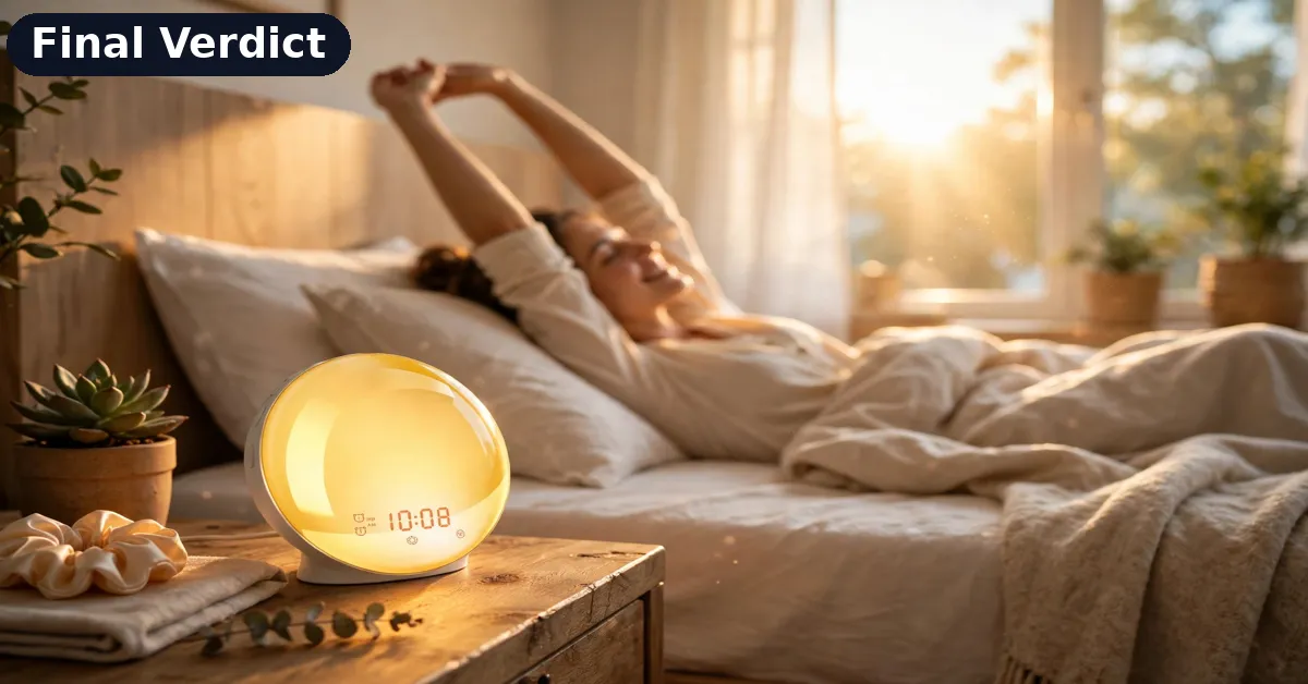 Waking up gently with the Niditon sunrise alarm clock in a bright morning bedroom