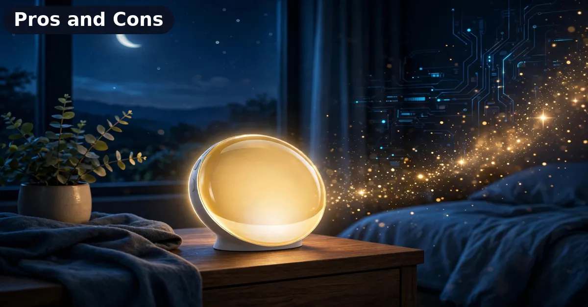 Niditon sunrise alarm clock at night with a crescent moon outside the window