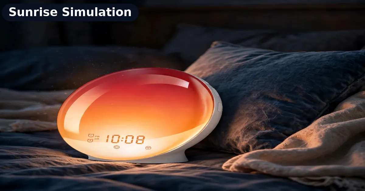 Niditon wake up light showing the red to orange to white sunrise gradient in a dark bedroom