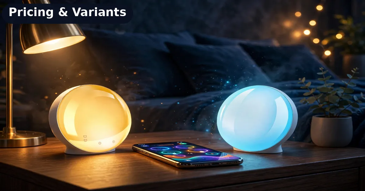 Both Niditon sunrise alarm clock versions side by side with the phone control app