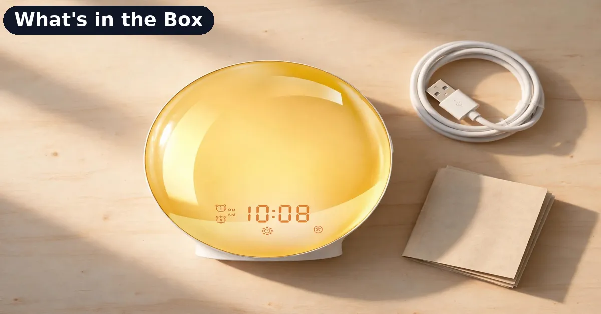 What is in the Niditon sunrise alarm clock box — clock, USB cable and user manual
