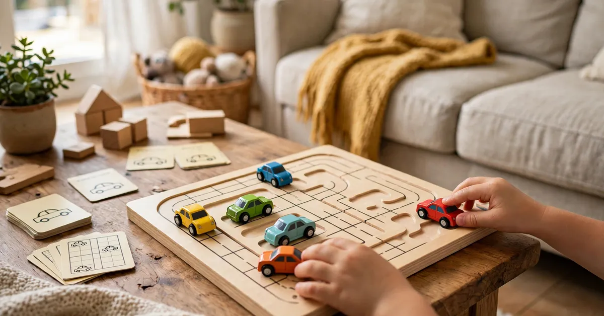 Child sliding blocking cars on the Rush Hour traffic grid to free the red car