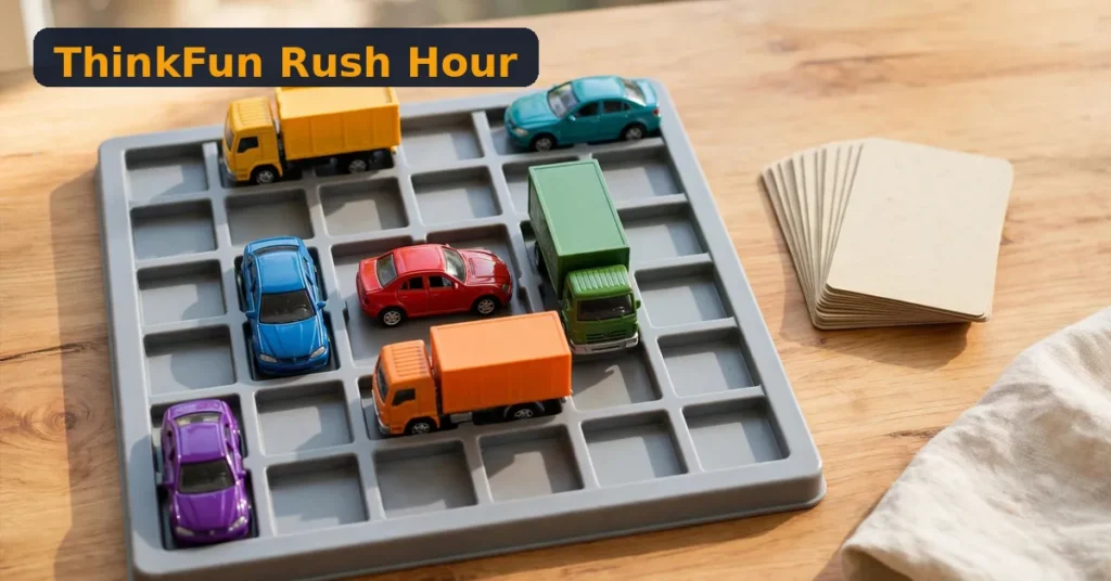 ThinkFun Rush Hour review - red car on a traffic grid surrounded by blocking cars and trucks