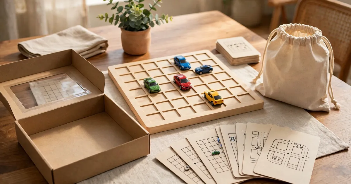 Rush Hour game on a family table with challenge cards and toy cars beside it