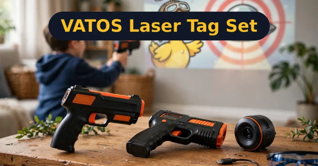 VATOS CSTAG laser tag set review — 2 infrared guns and projector on a coffee table