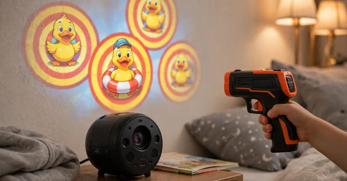 VATOS laser tag set projector unit projecting duck targets on a bedroom wall VATOS laser tag set review — projector unit projecting duck targets on a bedroom wall