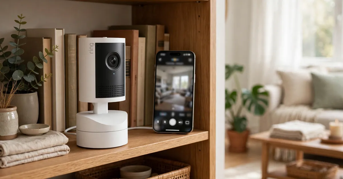 Ring Pan-Tilt Indoor Cam 2K on a bookshelf beside a phone showing its live view