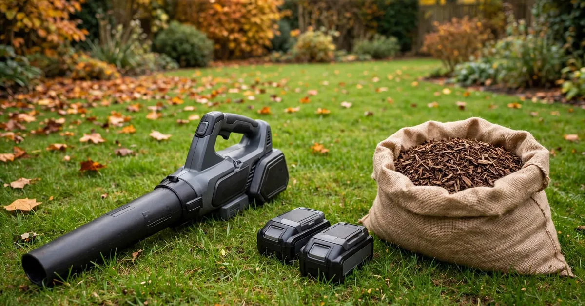 Worx Trivac with batteries and mulched leaves beside a tidy lawn