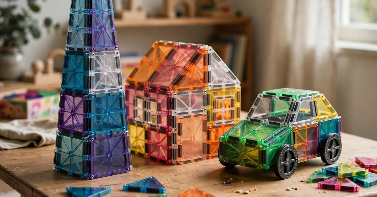 Structures built from VineDi magnetic tiles showing tile detail