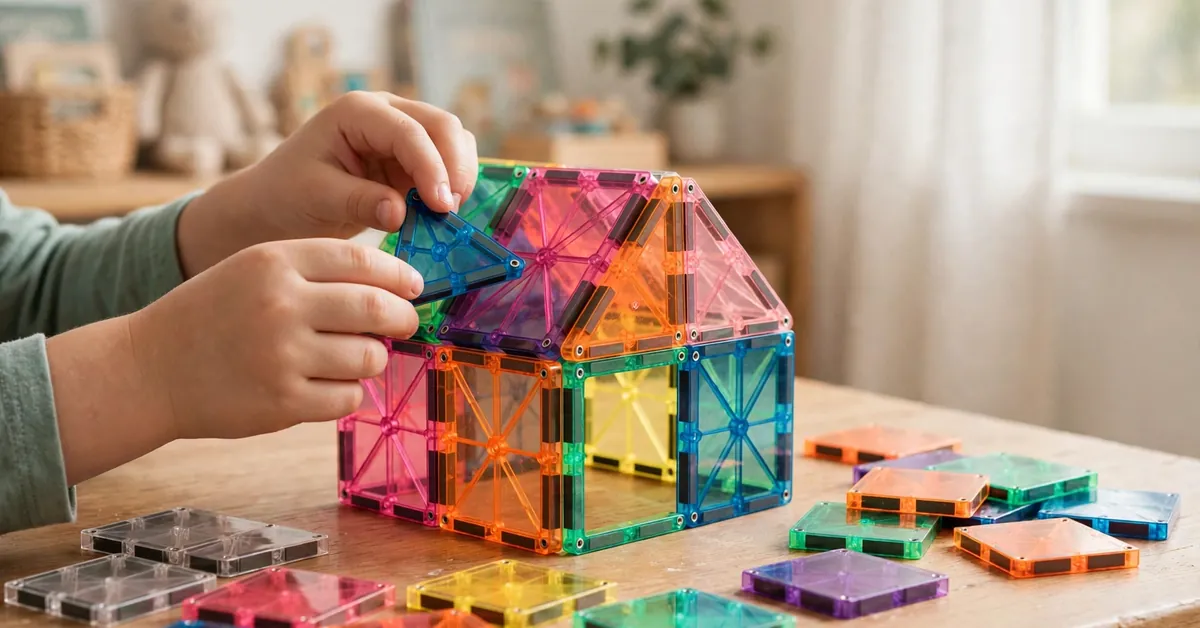 Child building with VineDi magnetic tiles close-up