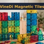 VineDi magnetic tiles review: colorful tile castle built on a playroom table