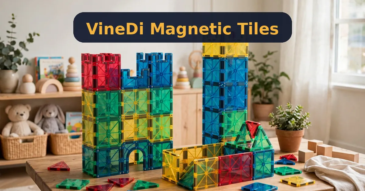 VineDi magnetic tiles review: colorful tile castle built on a playroom table