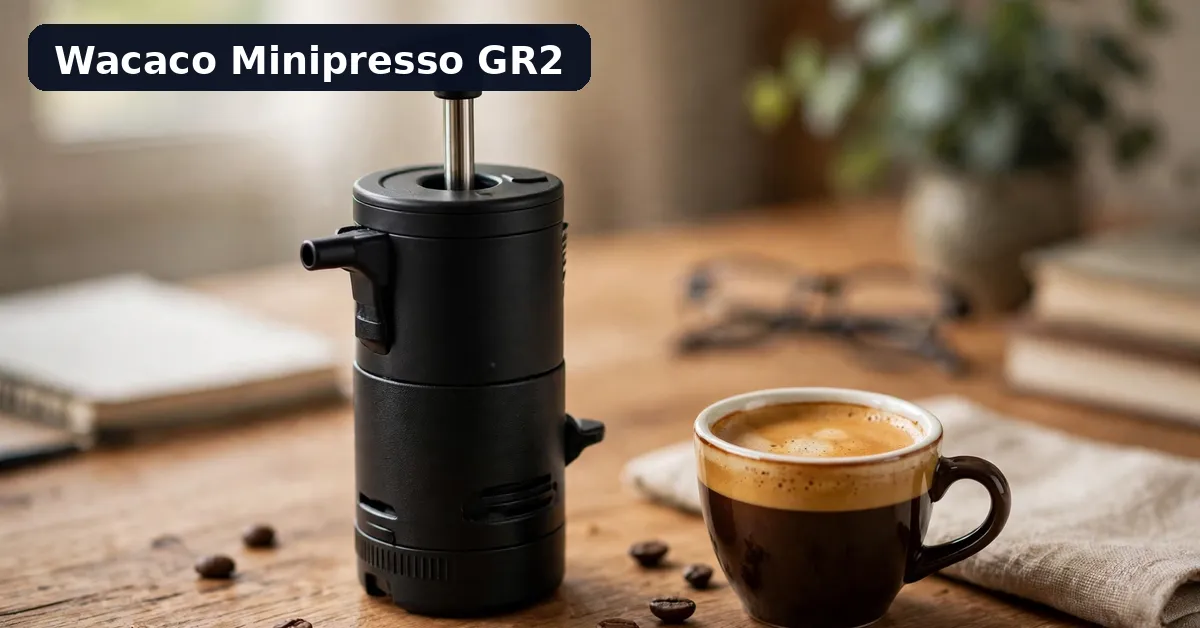 Wacaco Minipresso GR2 portable espresso maker on a wooden desk with a fresh espresso