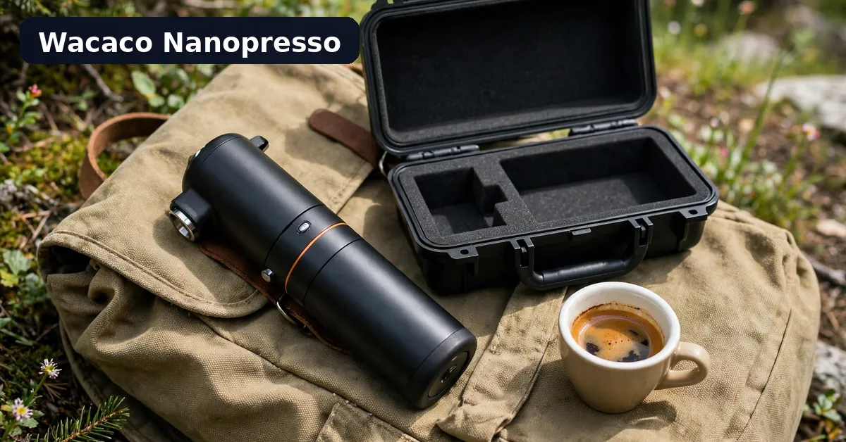 Wacaco Nanopresso portable espresso maker with its protective case on a travel backpack