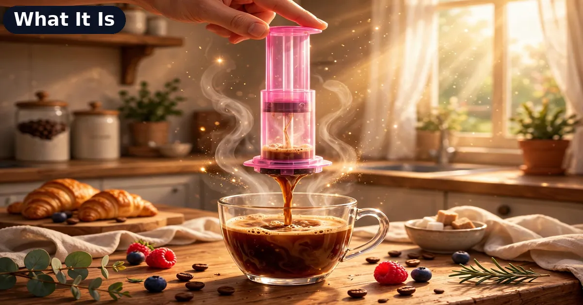 YRP Portable Espresso Maker Brewing YRP portable espresso maker in pink being pressed over a glass cup of coffee in a bright kitchen