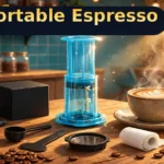YRP portable espresso maker in blue on a cafe table with its full kit and a cup of coffee